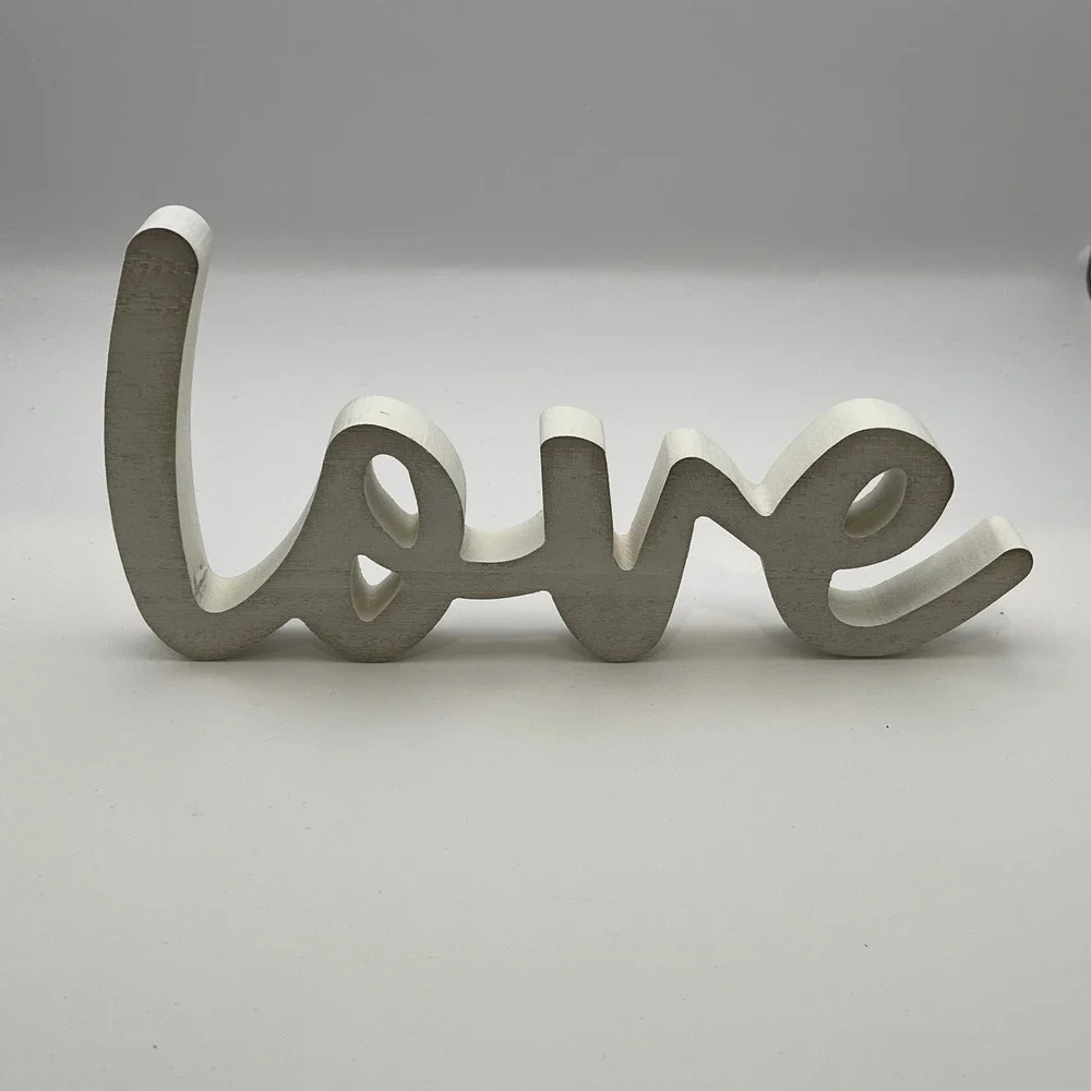 White Wooden Love Script Sign Freestanding Tabletop Decor 9 Inch Cursive Word